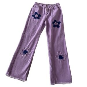 Vintage y2k Purple Floral Patch Wide Leg Jeans Kidcore Raw Hem High Waist Size M